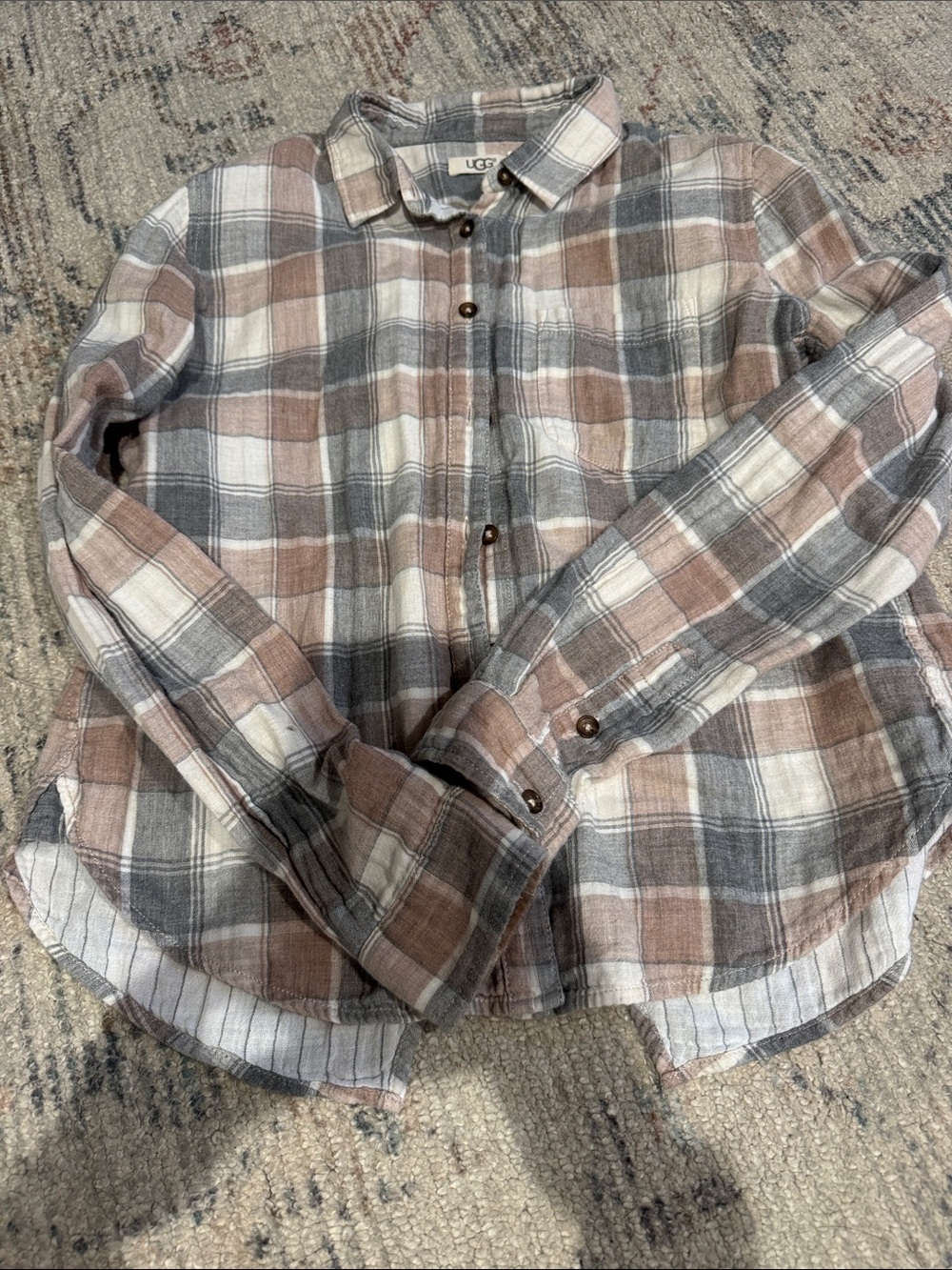 UGG Plaid Button-Down Shirt in Cream, Brown & Gray